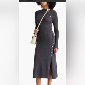 Maje Ribbed Button Detail Midi Knit Dress Grey Size 42 | Elegant Parisian Style
